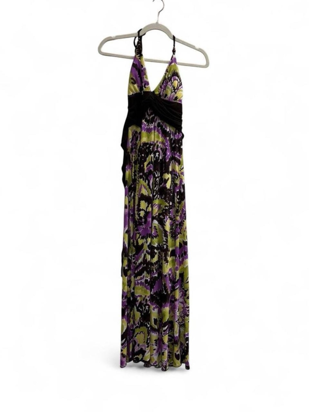 Women's Y2k Green, Purple & Brown Print Halter Maxi Dress